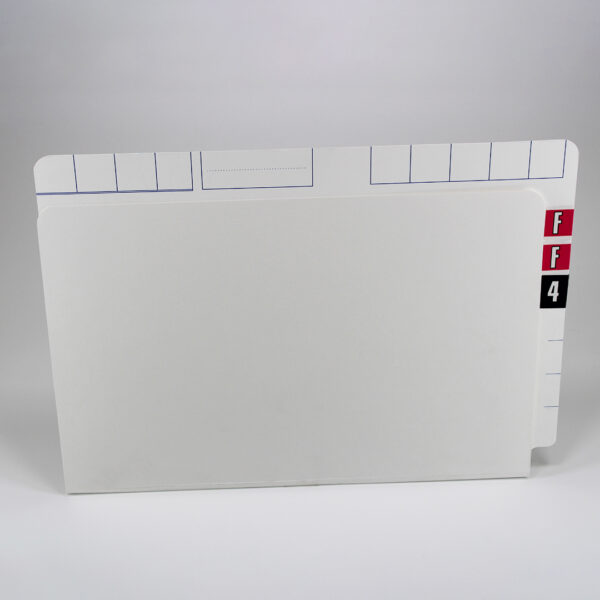 TIMG Formfile-FF4 File Covers. FF4 File Covers. The FF4 file cover is one of our plain white file covers. Designed to suit both a lateral and vertical colour coded filing system it has a printed guide for the colour coded labels down the grab flap and across the top of the file. 285gsm, White manila cover for four drawer cabinets, Dimensions: D354mm x H242mm, Expansion of 17mm, 250 per box. For Sale. Australia-wide delivery.