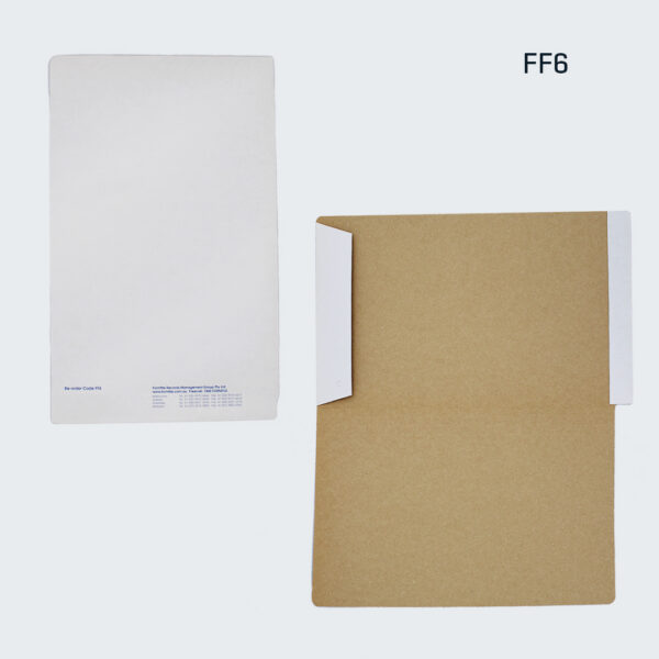 TIMG Formfile-Six File Covers (FF6 file cover). For Sale. Australia-wide delivery. The FF6 file cover is a sleek white file cover with an overall hyper seal. Designed to be the foolscap option for the colour coded filing system, it comes in two styles. The first, designed with the legal fraternity in mind, has a punched fold over flap to be used with either Permclips or FileFast Easyclips for fast review of paperwork. The second has the punched hole flap removed, for general use in the corporate environment.