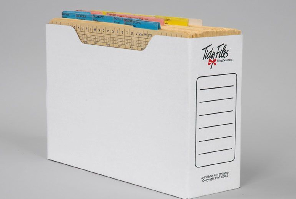 Tidy Files White File Storage Containers TF07005C. Best Price. Australia-wide delivery including Sydney, Melbourne, Brisbane, Canberra, Adelaide, Perth, Hobart and Darwin. Tidyfiles File Container, File Container, White File Container, Carboard File Container, Document Container, White Document File Container, Cardboard Document Container, TF07005C, File Storage, Quadro Cabinet, Quantum Cabinet. Drawer Container. A4 White cardboard file container. Designed to be used to hold files or documents in an upright storage position, this A4 white cardboard container can be used in a whole range of cabinetry or open bay shelving for a tidy and efficient office space. With the dimensions of 325mm x 105mm x 223mm this container can hold up to 100mm capacity for file and document storage. Designed to view files upright in cabinet drawers or open bay shelving. 100mm file storage capacity. Holds 20 in a Quadro cabinet drawer. Holds 15 in a Quantum cabinet drawer. Suitable for use with the Tidy Files file range. Comes in packs of 50.